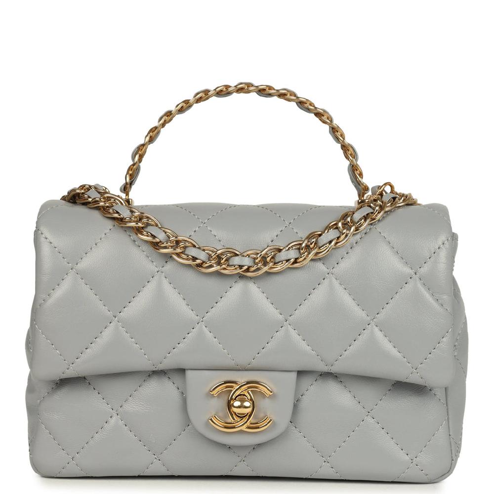 Pre-owned Chanel Mini CC Rectangular Flap Bag with Top Handle Light Grey Lambskin Gold Hardware