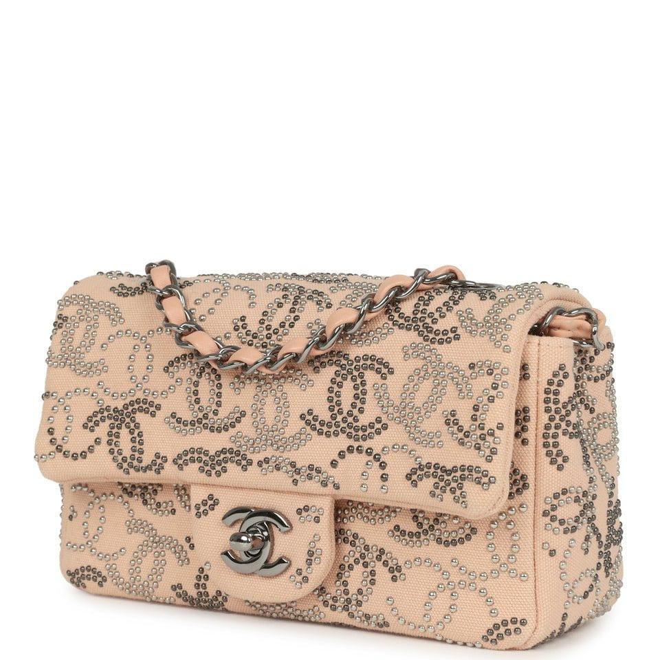 Pre-owned Chanel Mini CC Studded Rectangular Flap Bag Light Pink Canvas Ruthenium Hardware