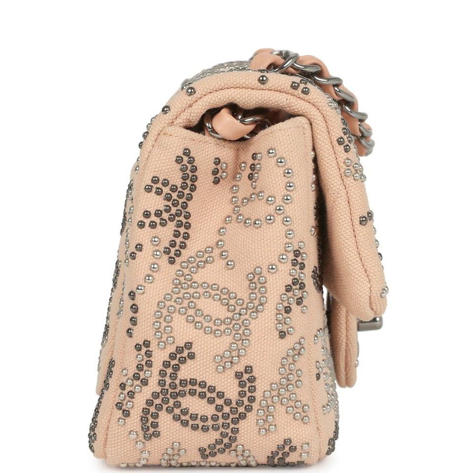 Pre-owned Chanel Mini CC Studded Rectangular Flap Bag Light Pink Canvas Ruthenium Hardware