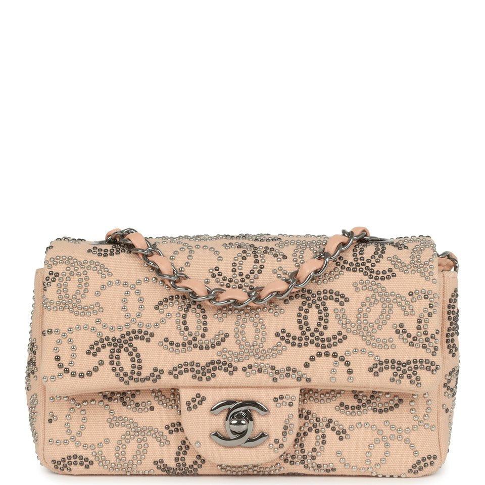 Pre-owned Chanel Mini CC Studded Rectangular Flap Bag Light Pink Canvas Ruthenium Hardware