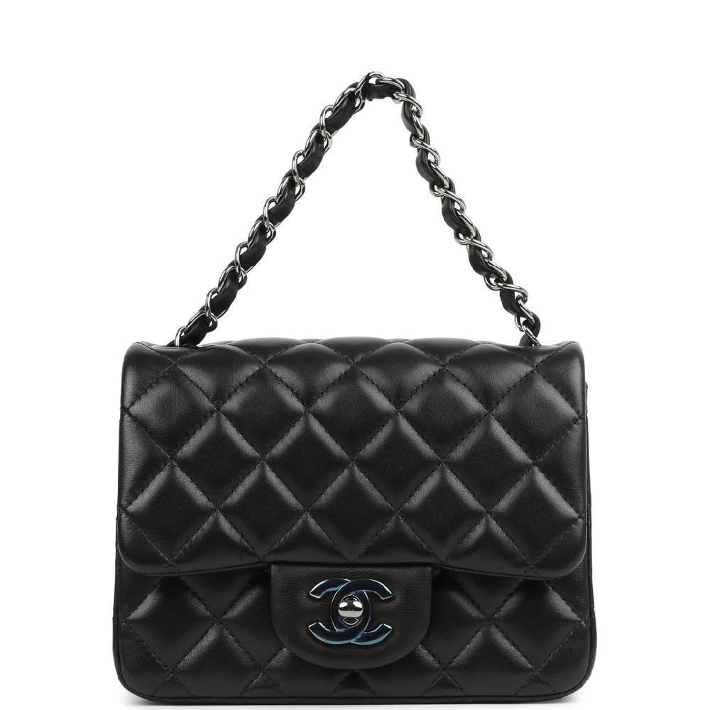 Pre-owned Chanel Mini Classic Square Flap Bag Black Lambskin Ruthenium Hardware