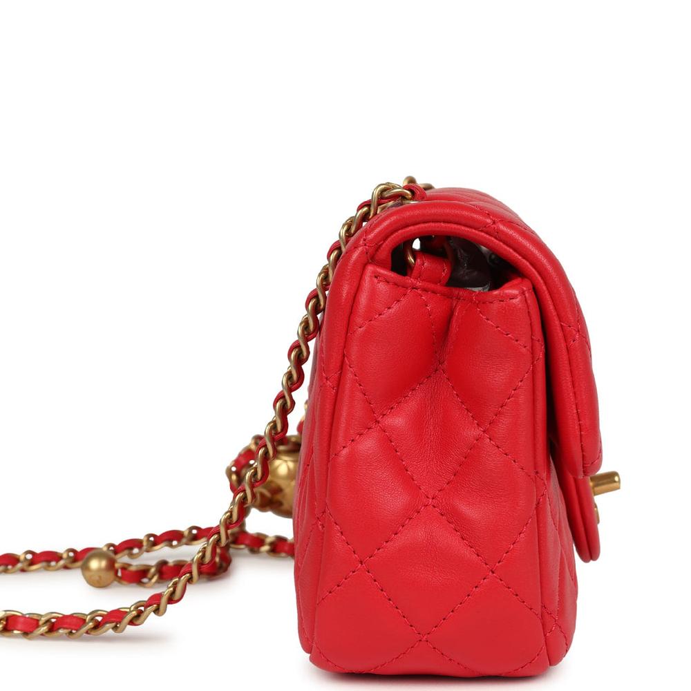 Pre-owned Chanel Mini Pearl Crush Rectangular Flap Bag Red Lambskin Brushed Gold Hardware
