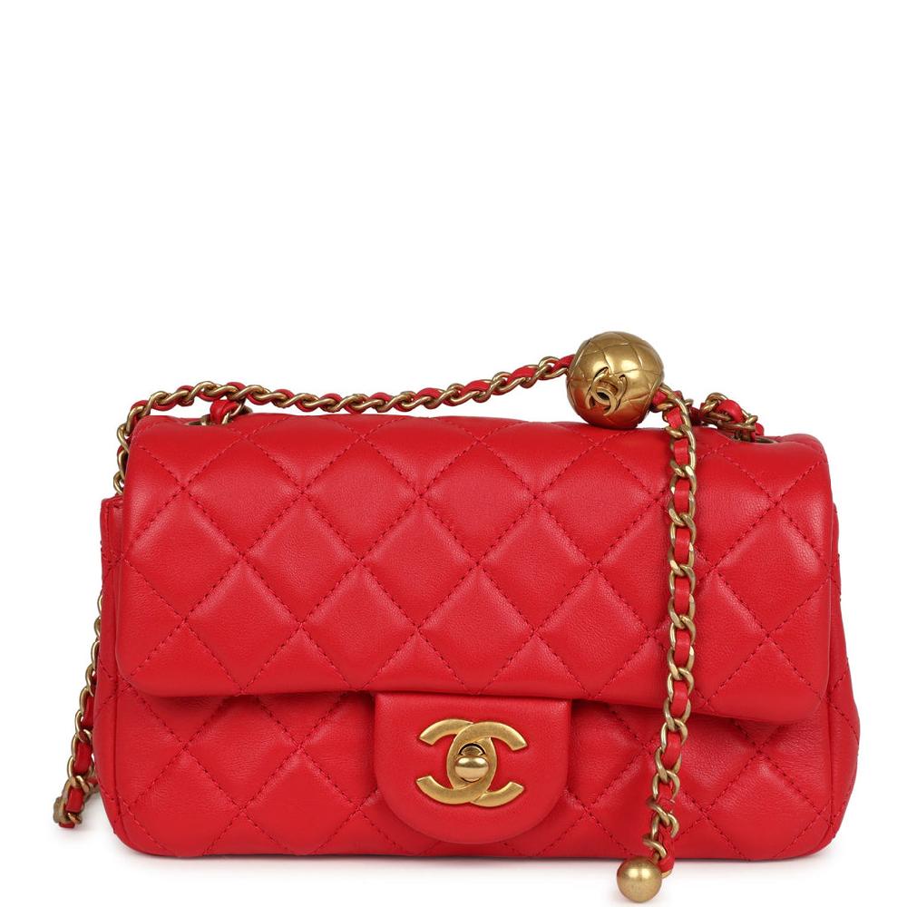 Pre-owned Chanel Mini Pearl Crush Rectangular Flap Bag Red Lambskin Brushed Gold Hardware