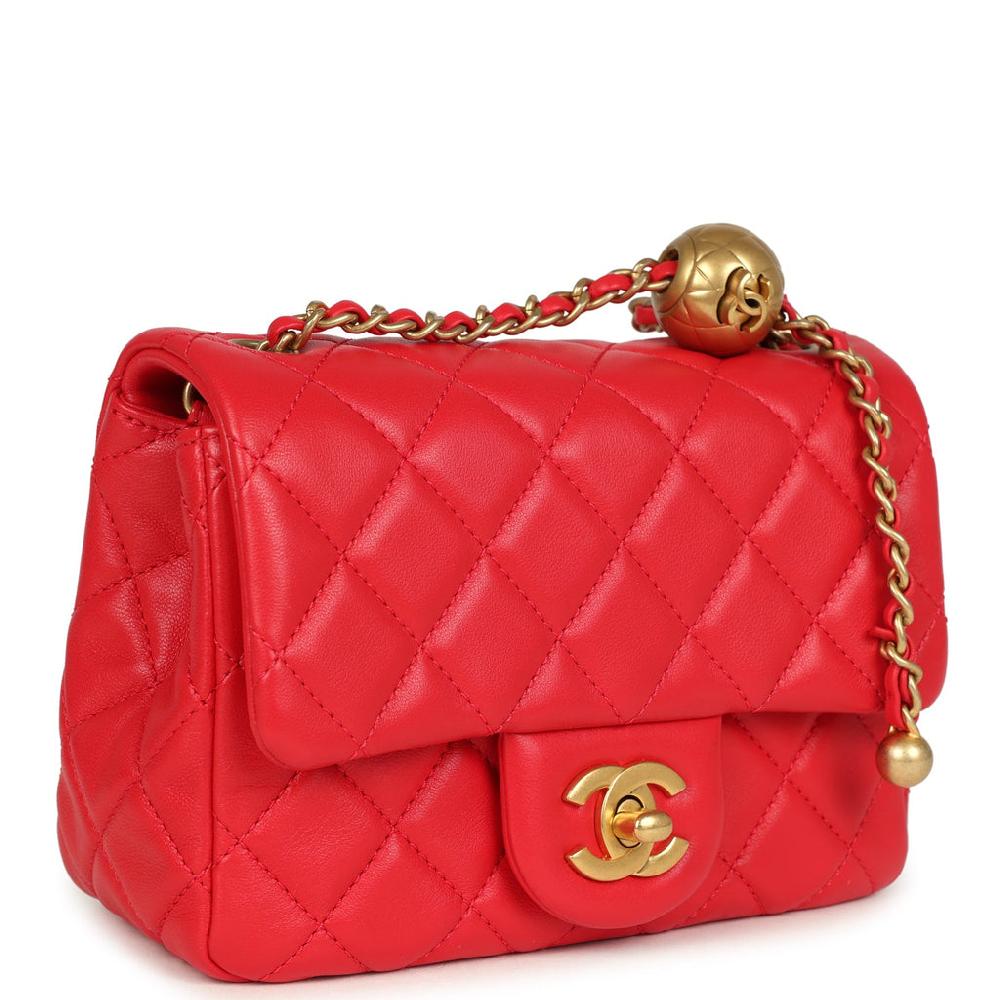 Pre-owned Chanel Mini Pearl Crush Square Flap Bag Red Lambskin Brushed Gold Hardware