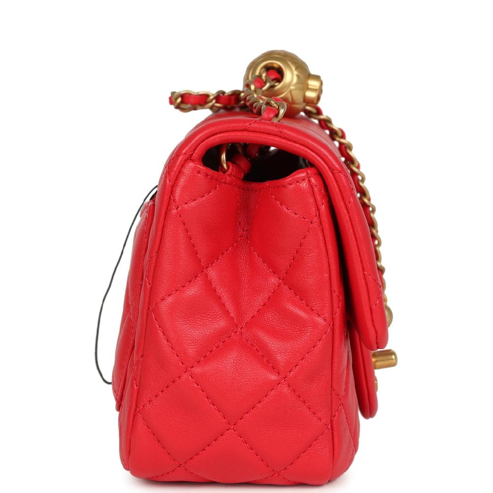 Pre-owned Chanel Mini Pearl Crush Square Flap Bag Red Lambskin Brushed Gold Hardware