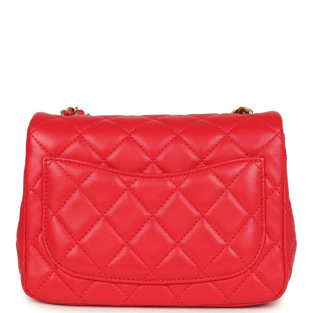 Pre-owned Chanel Mini Pearl Crush Square Flap Bag Red Lambskin Brushed Gold Hardware