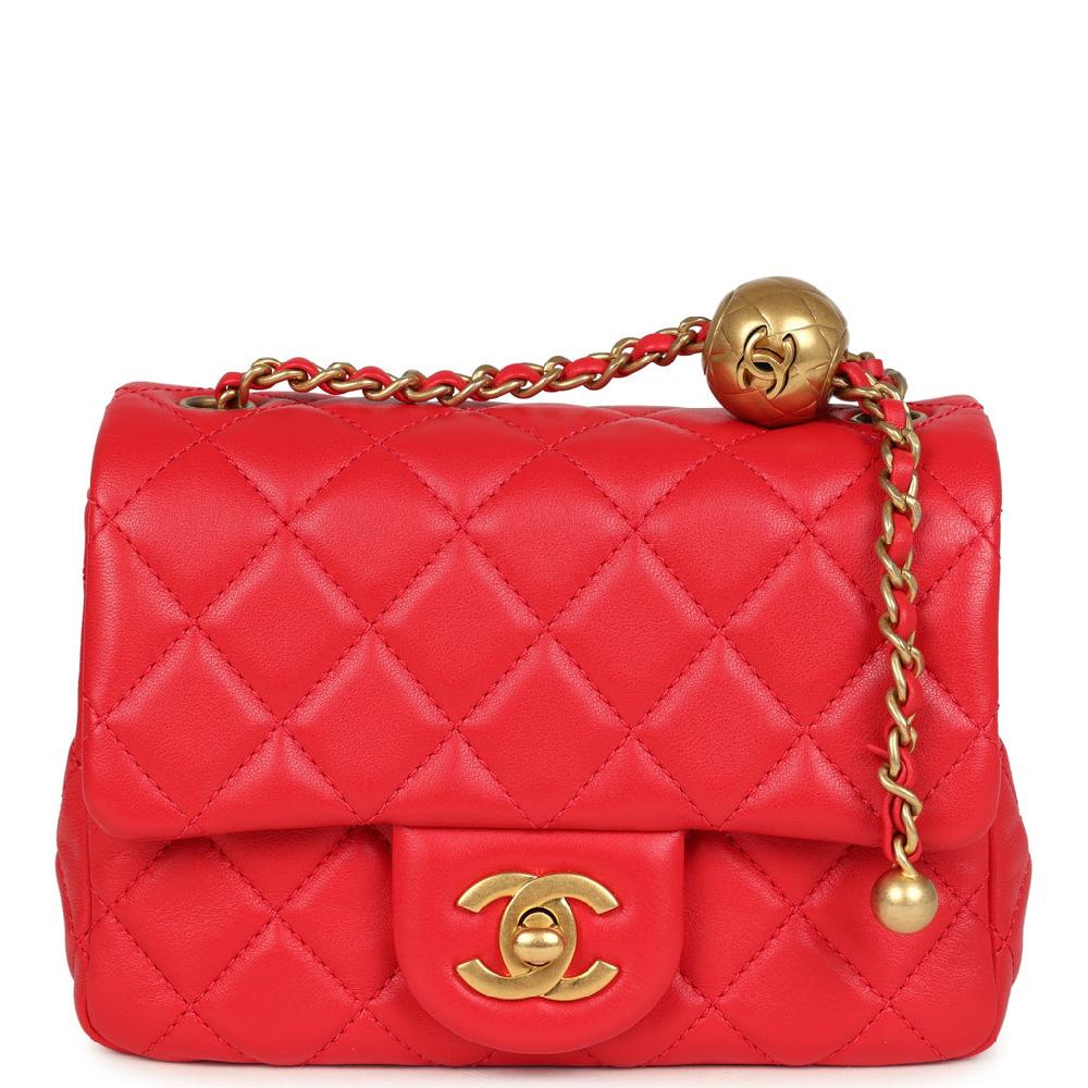 Pre-owned Chanel Mini Pearl Crush Square Flap Bag Red Lambskin Brushed Gold Hardware