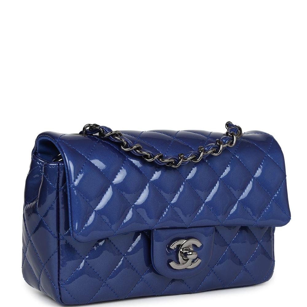 Pre-owned Chanel Mini Rectangular Flap Bag Blue Patent Ruthenium Hardware