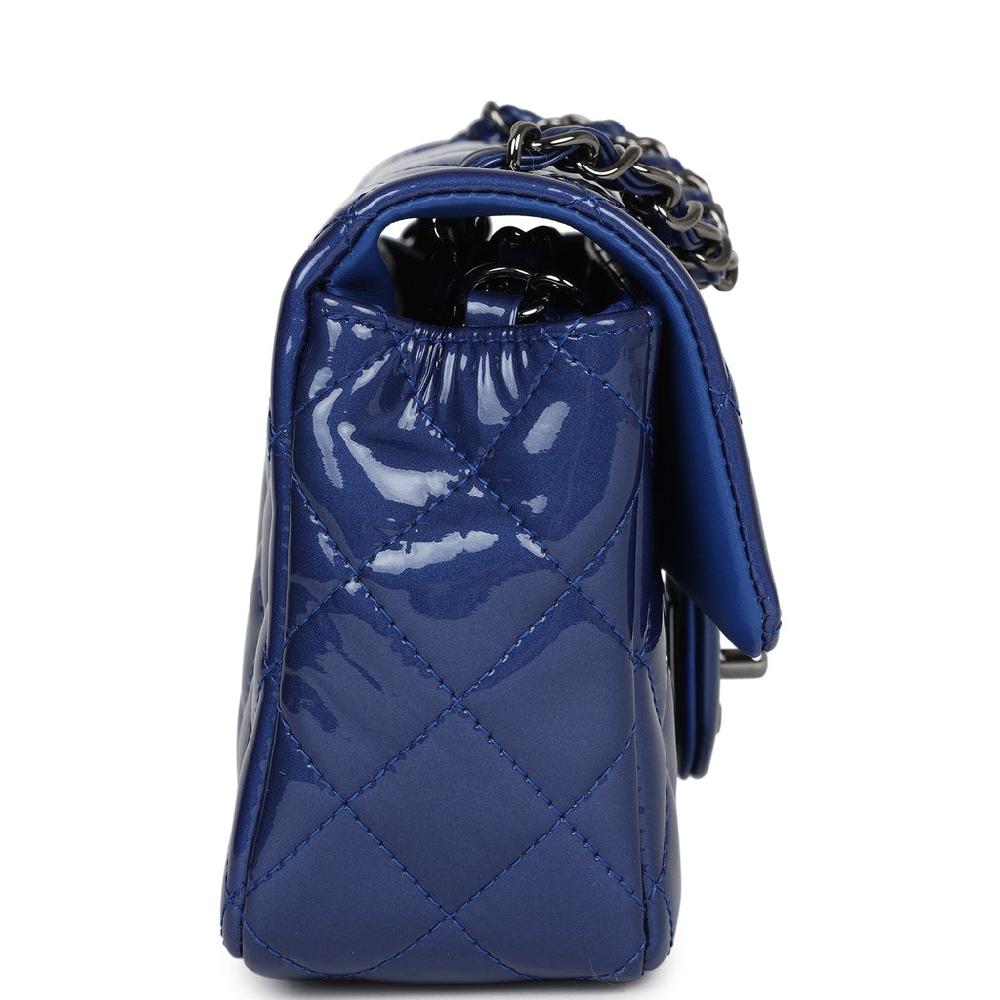 Pre-owned Chanel Mini Rectangular Flap Bag Blue Patent Ruthenium Hardware
