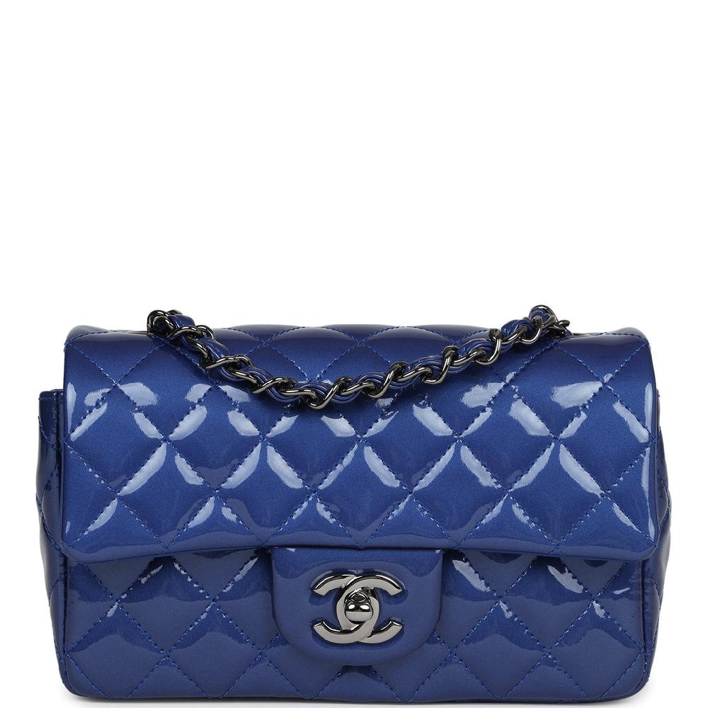 Pre-owned Chanel Mini Rectangular Flap Bag Blue Patent Ruthenium Hardware