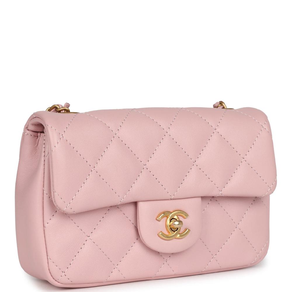 Pre-owned Chanel Mini Rectangular Flap Bag With Heart Chain Pink Lambskin Antique Gold Hardware