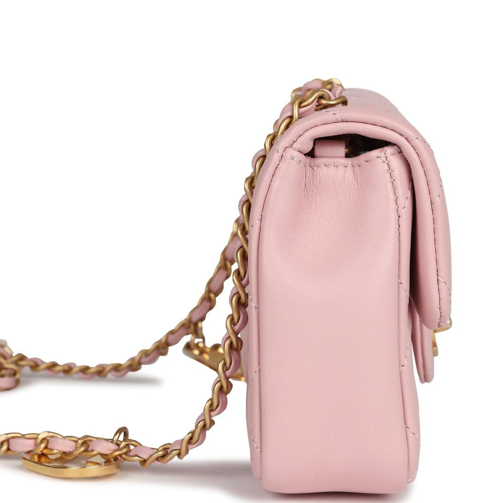 Pre-owned Chanel Mini Rectangular Flap Bag With Heart Chain Pink Lambskin Antique Gold Hardware