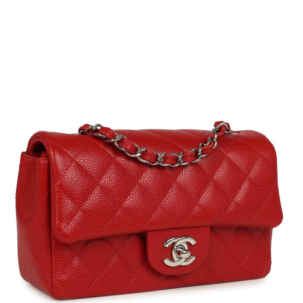 Pre-owned Chanel Mini Rectangular Flap Red Caviar Silver Hardware