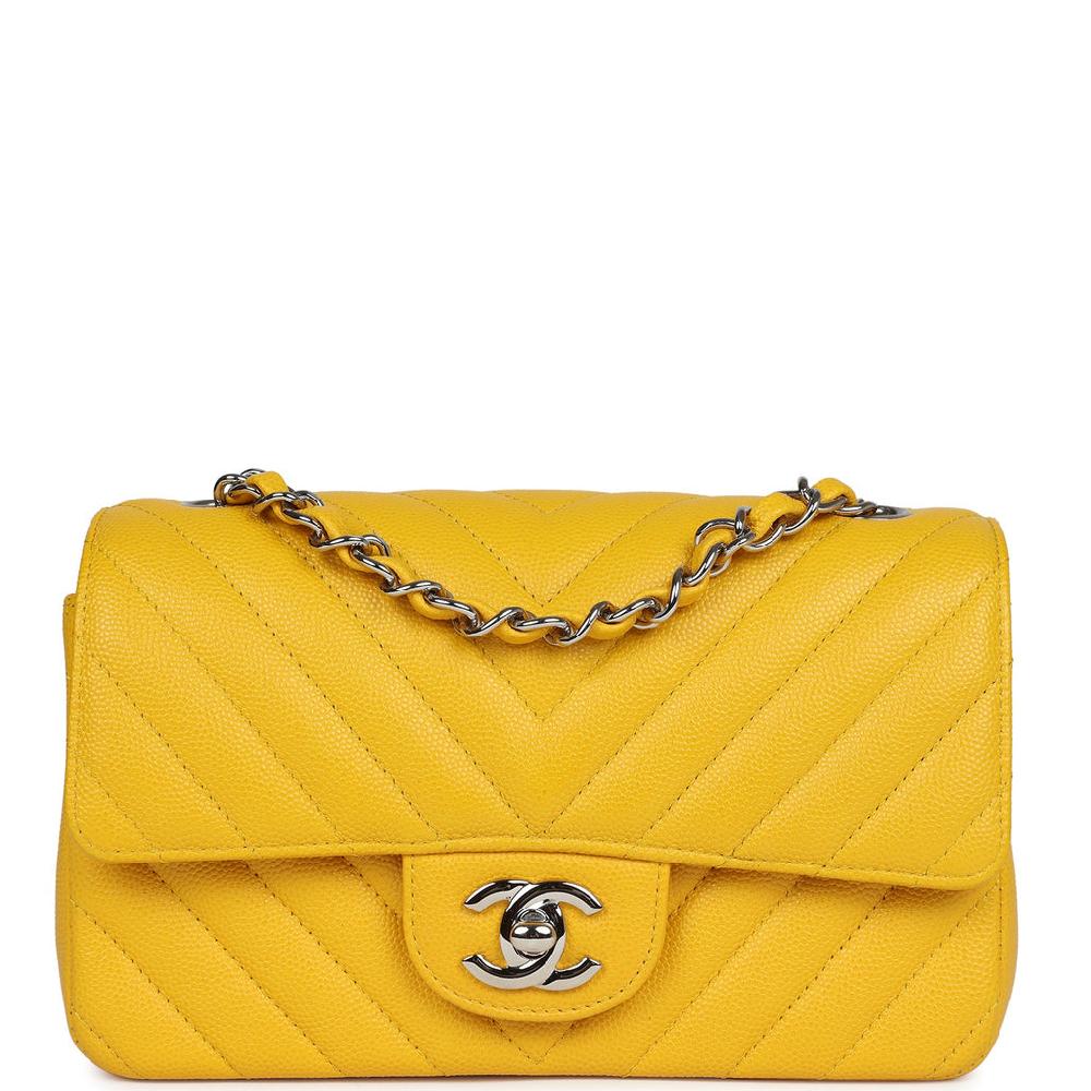 Pre-owned Chanel Mini Rectangular Flap Yellow Chevron Caviar Silver Hardware
