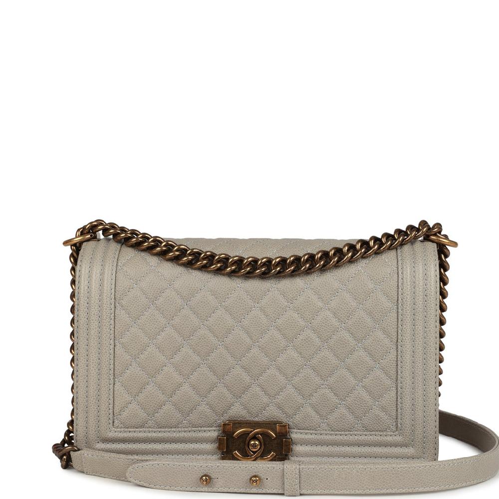 Pre-owned Chanel New Medium Boy Bag Grey Caviar Antique Gold Hardware