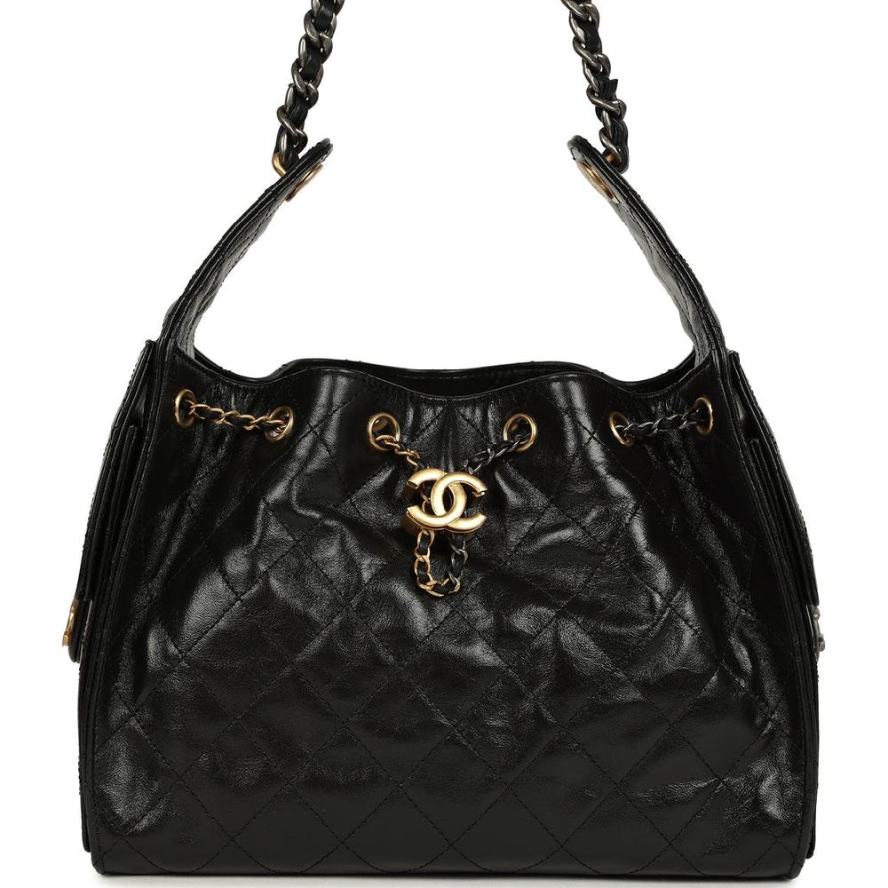 Pre-owned Chanel Small 25 Hobo Bag Black Shiny Crumpled Calfskin Mixed Metal Hardware