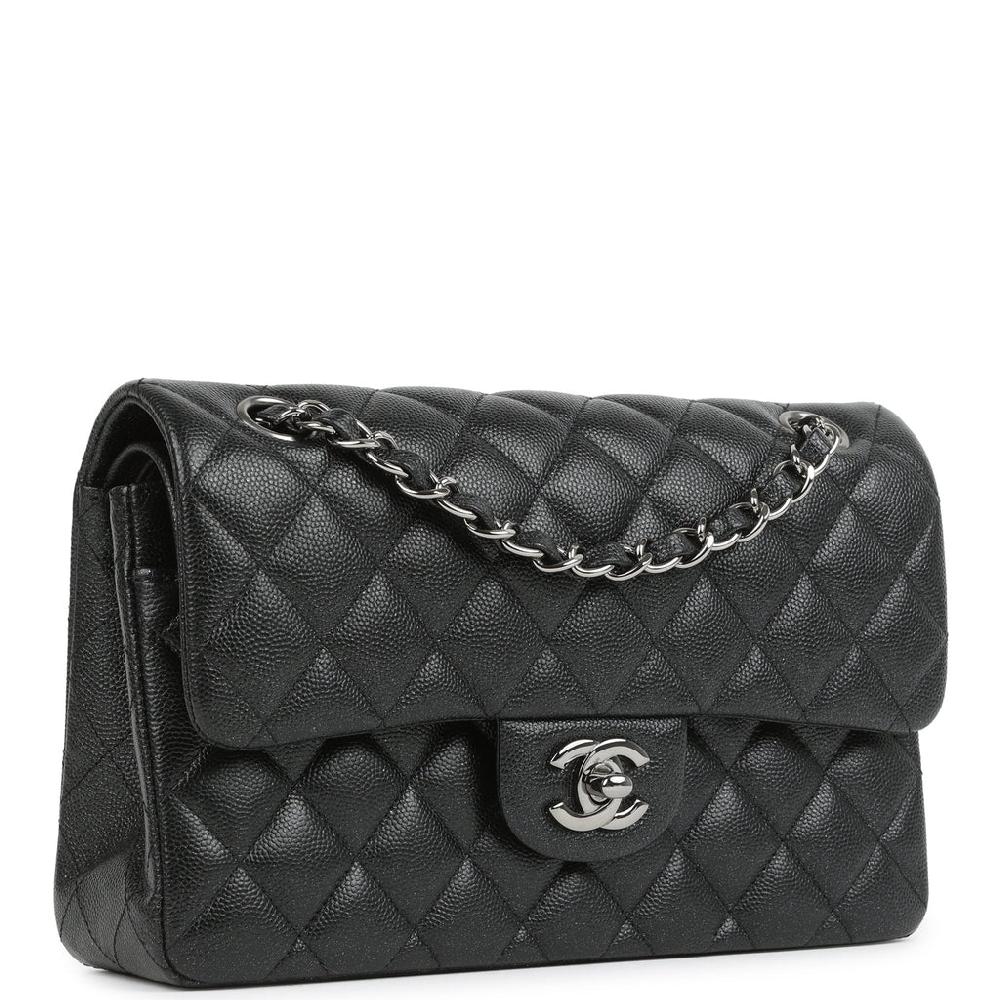 Pre-owned Chanel Small Classic Double Flap Bag Black Iridescent Caviar Ruthenium Hardware