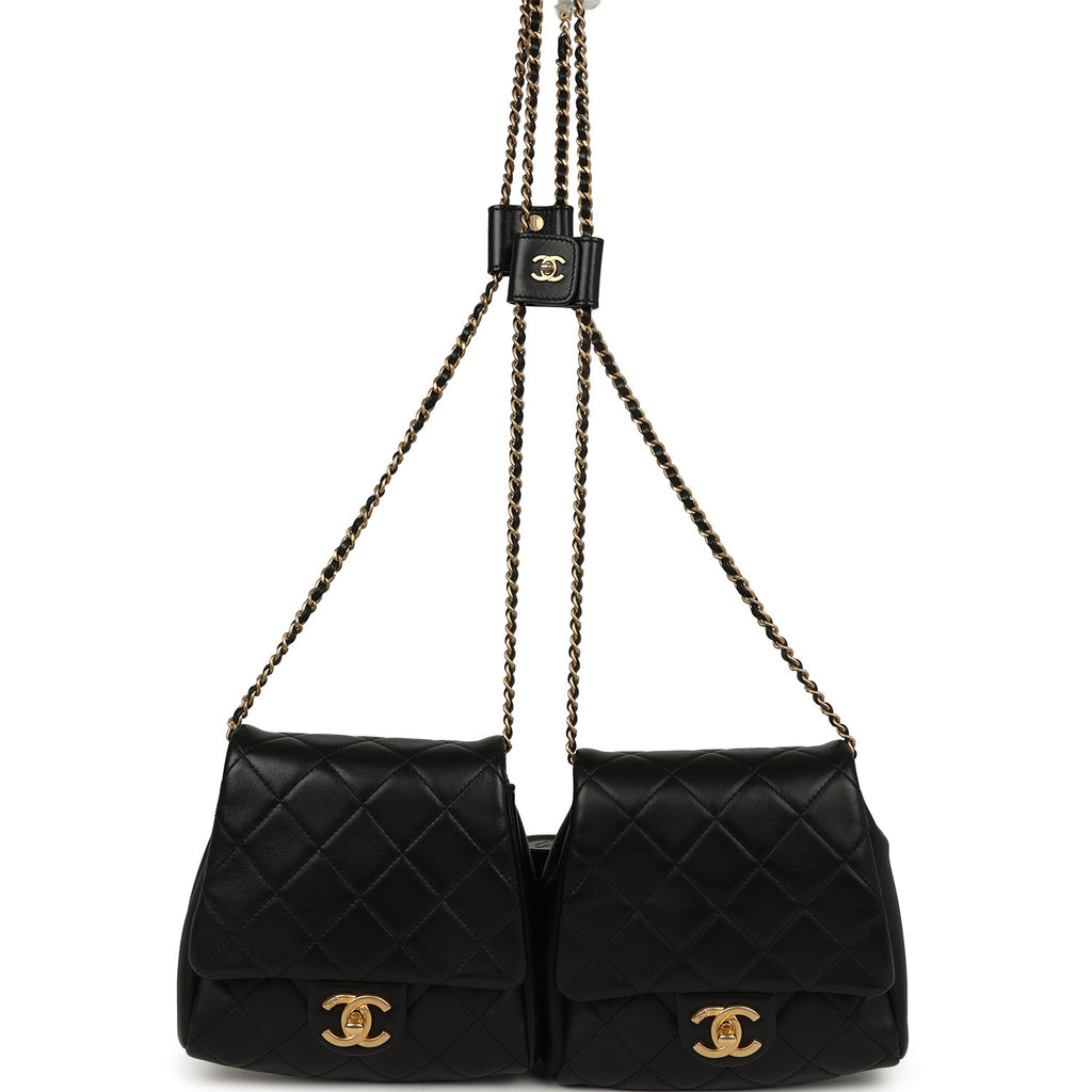 Pre-owned Chanel Twins Side Pack Black Lambskin Faux Pearls & Brushed Gold Hardware