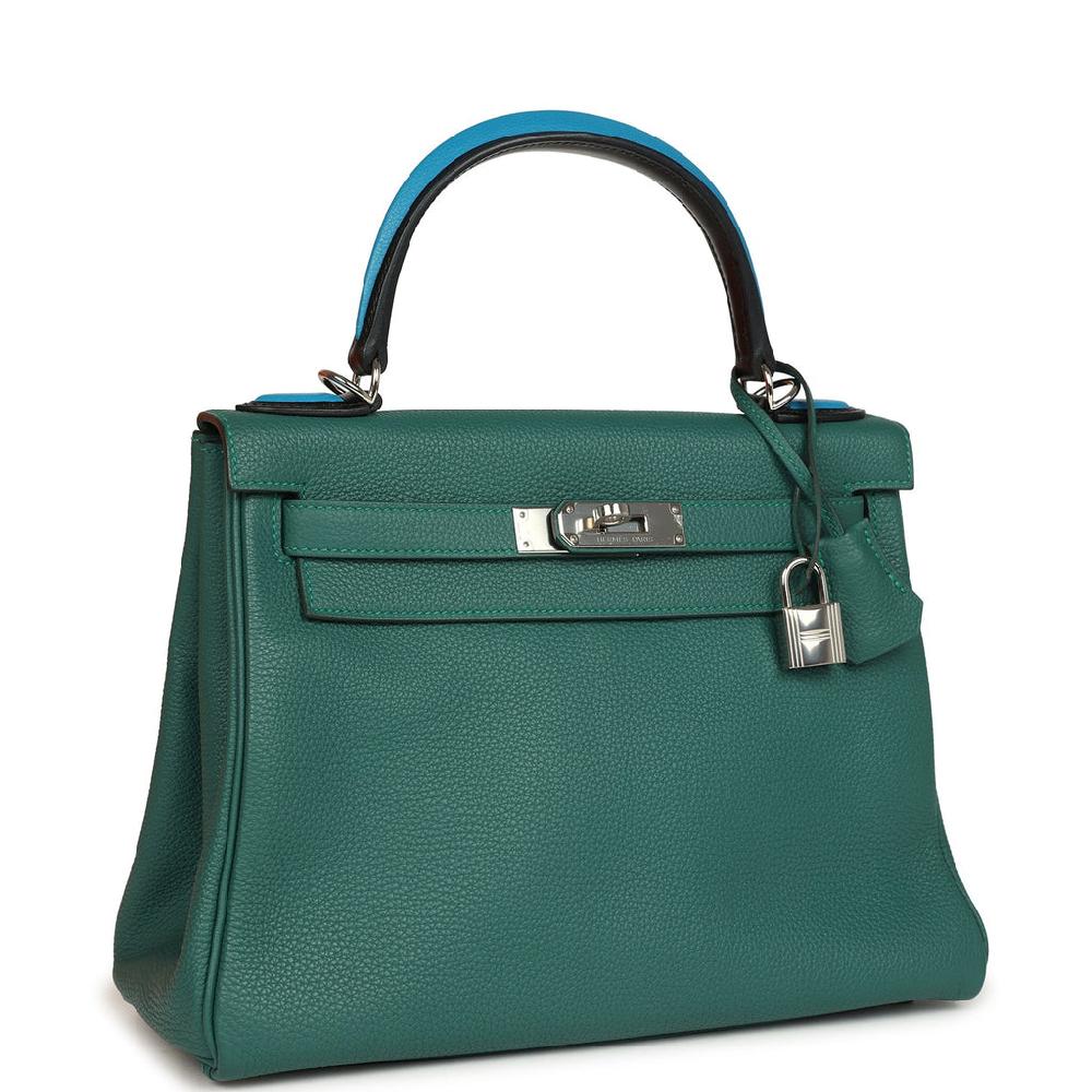Pre-owned Hermes Au Pas Kelly Retourne 28 Malachite Togo Black Bleu Zanzibar Evercolor And Box Palladium Hardware