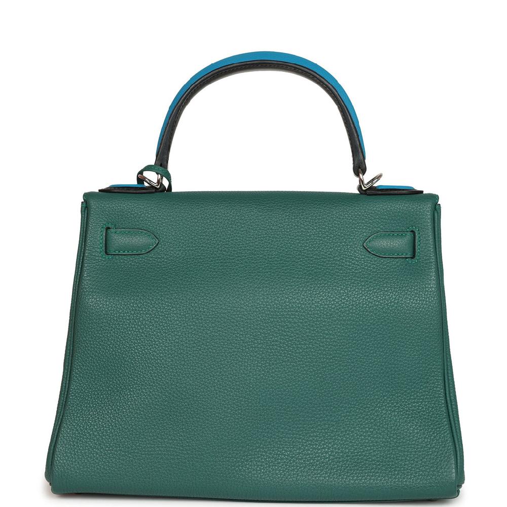Pre-owned Hermes Au Pas Kelly Retourne 28 Malachite Togo Black Bleu Zanzibar Evercolor And Box Palladium Hardware