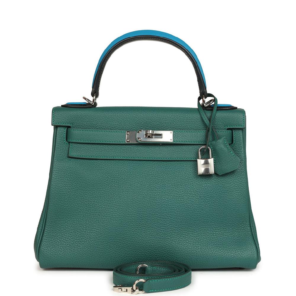 Pre-owned Hermes Au Pas Kelly Retourne 28 Malachite Togo Black Bleu Zanzibar Evercolor and Box Palladium Hardware