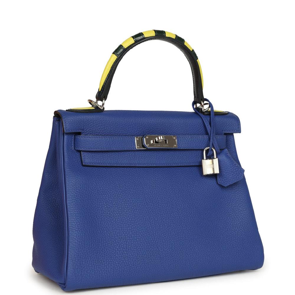 Pre-owned Hermes Au Trot Kelly Retourne 28 Bleu Electric Togo Bleu Indigo Lime Vert Fonce Box Calf And Chevre Mysore Palladium Hardware