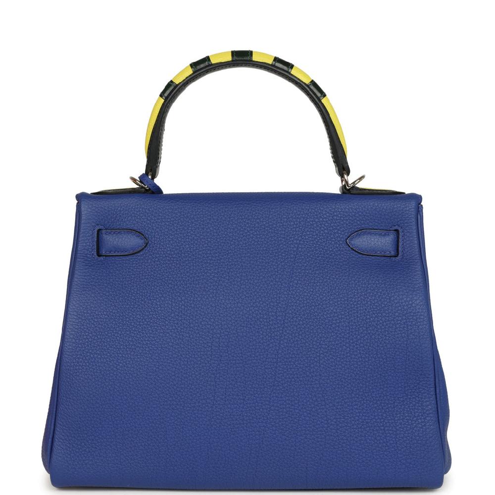 Pre-owned Hermes Au Trot Kelly Retourne 28 Bleu Electric Togo Bleu Indigo Lime Vert Fonce Box Calf And Chevre Mysore Palladium Hardware