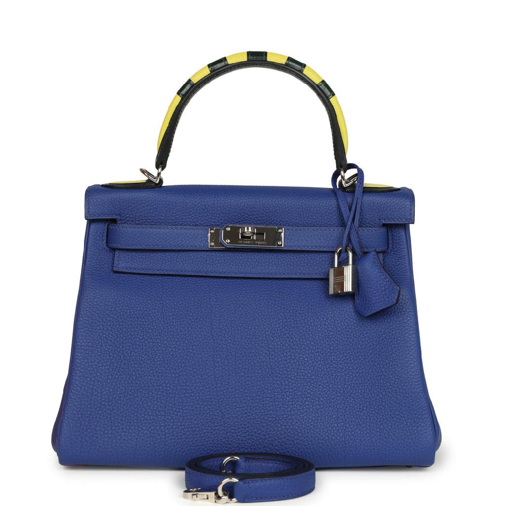 Pre-owned Hermes Au Trot Kelly Retourne 28 Bleu Electric Togo Bleu Indigo Lime Vert Fonce Box Calf and Chevre Mysore Palladium Hardware
