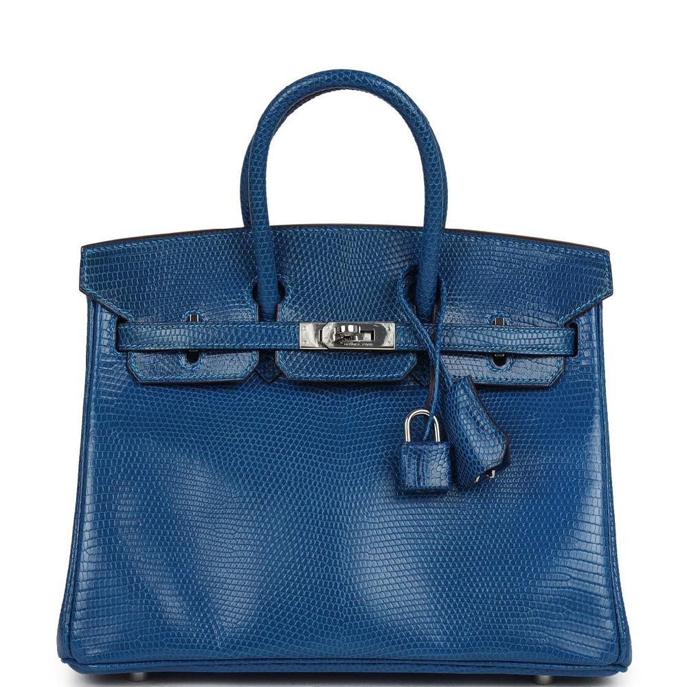 Pre-owned Hermes Birkin 25 Bleu Izmir Varanus Niloticus Lizard Palladium Hardware