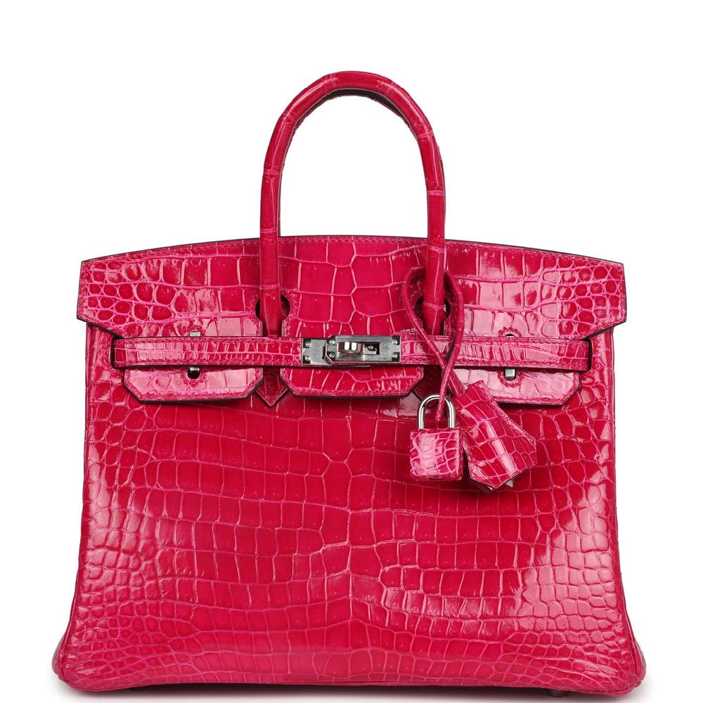 Pre-owned Hermes Birkin 25 Rose Mexico Shiny Porosus Crocodile Palladium Hardware