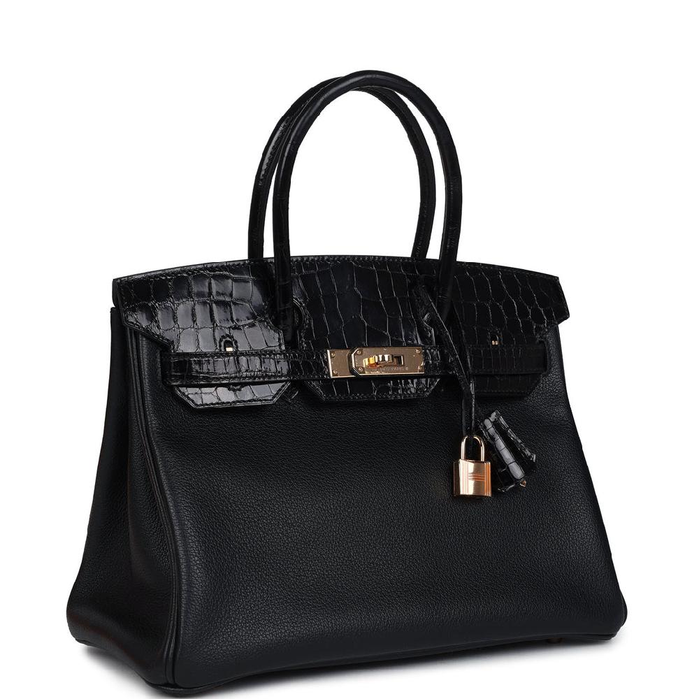 Pre-owned Hermes Birkin 30 Black Shiny Niloticus Crocodile And Novillo Touch Rose Gold Hardware