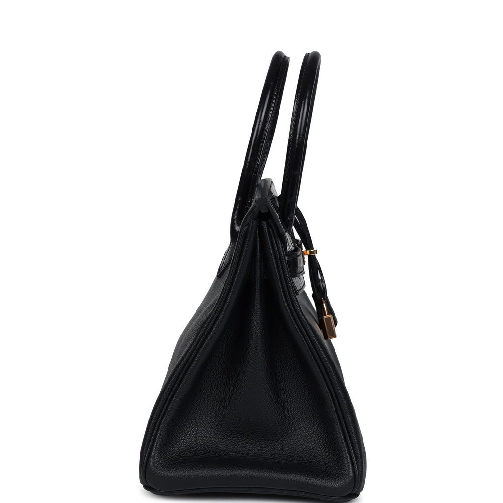 Pre-owned Hermes Birkin 30 Black Shiny Niloticus Crocodile And Novillo Touch Rose Gold Hardware