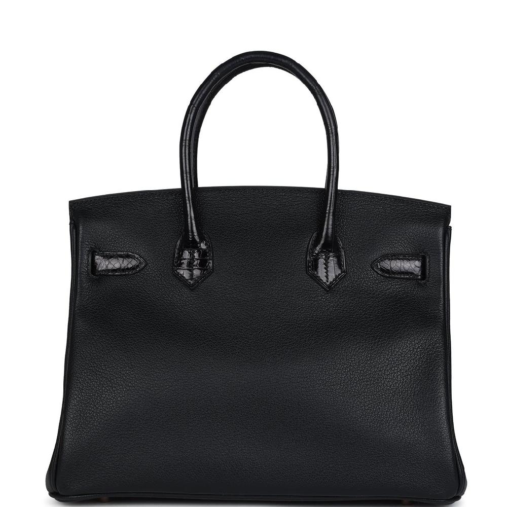 Pre-owned Hermes Birkin 30 Black Shiny Niloticus Crocodile And Novillo Touch Rose Gold Hardware
