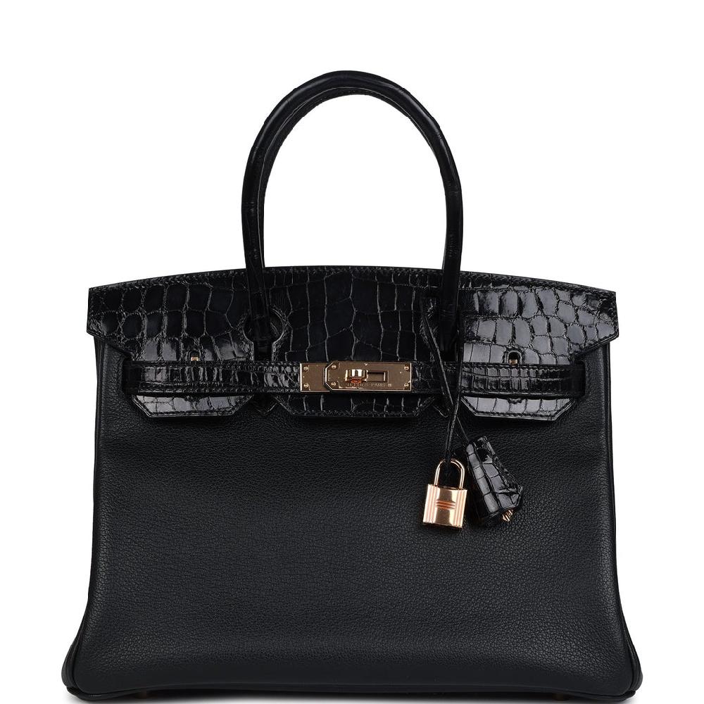 Pre-owned Hermes Birkin 30 Black Shiny Niloticus Crocodile and Novillo Touch Rose Gold Hardware