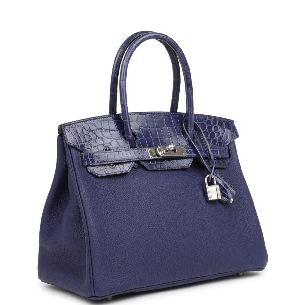 Pre-owned Hermes Birkin 30 Bleu Encre Togo And Shiny Niloticus Crocodile Touch Palladium Hardware