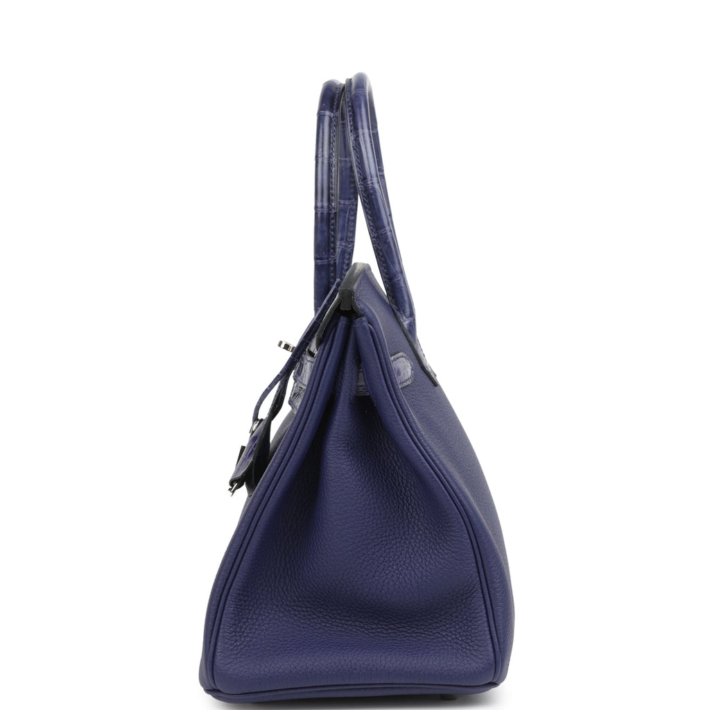 Pre-owned Hermes Birkin 30 Bleu Encre Togo And Shiny Niloticus Crocodile Touch Palladium Hardware