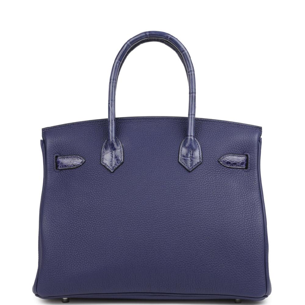 Pre-owned Hermes Birkin 30 Bleu Encre Togo And Shiny Niloticus Crocodile Touch Palladium Hardware