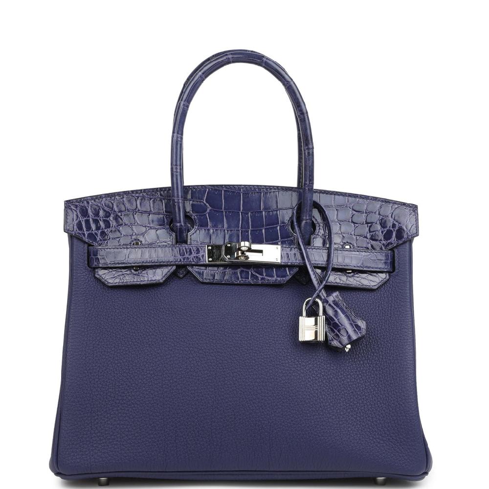 Pre-owned Hermes Birkin 30 Bleu Encre Togo and Shiny Niloticus Crocodile Touch Palladium Hardware