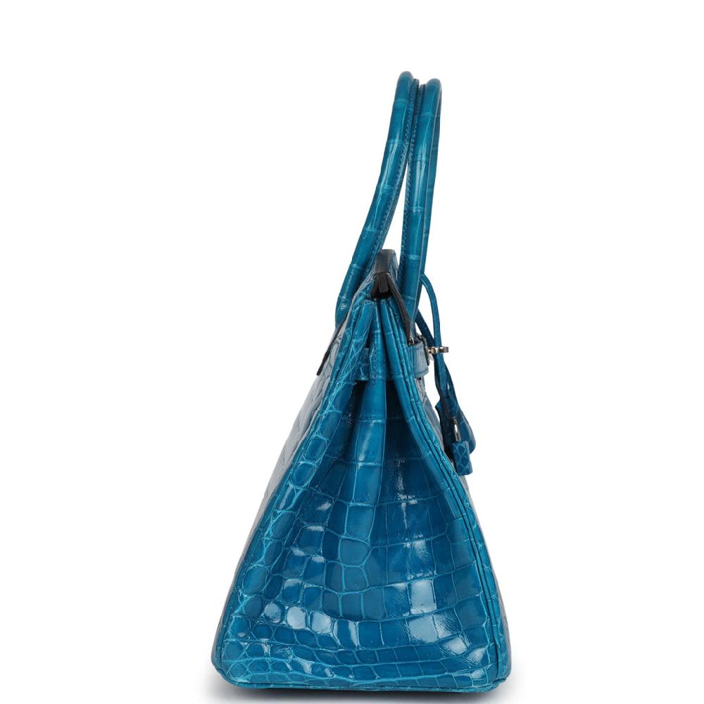 Pre-owned Hermes Birkin 30 Bleu Izmir Shiny Niloticus Crocodile Palladium Hardware
