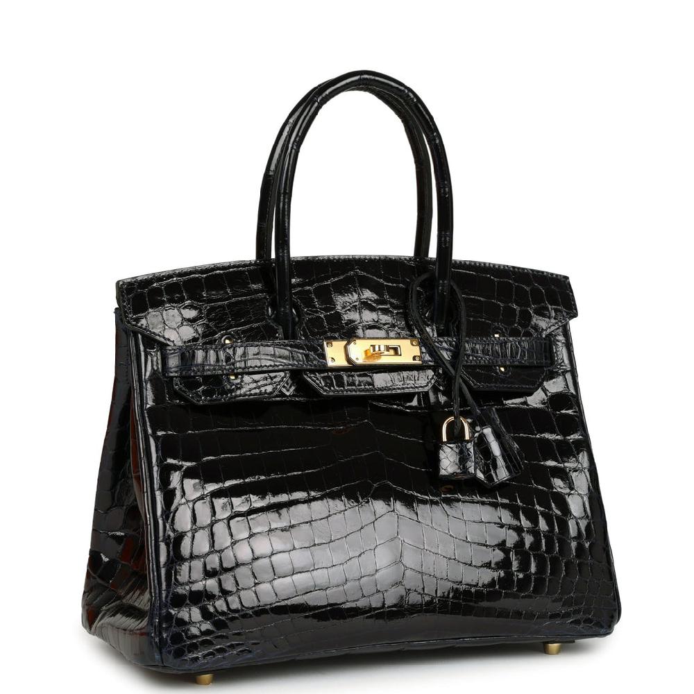 Pre-owned Hermes Birkin 30 Bleu Marine Shiny Niloticus Crocodile Gold Hardware