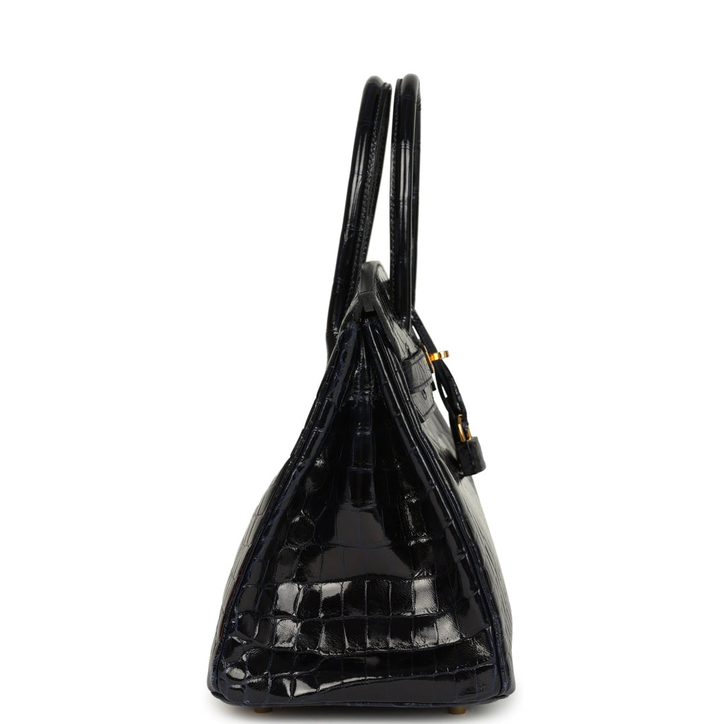 Pre-owned Hermes Birkin 30 Bleu Marine Shiny Niloticus Crocodile Gold Hardware