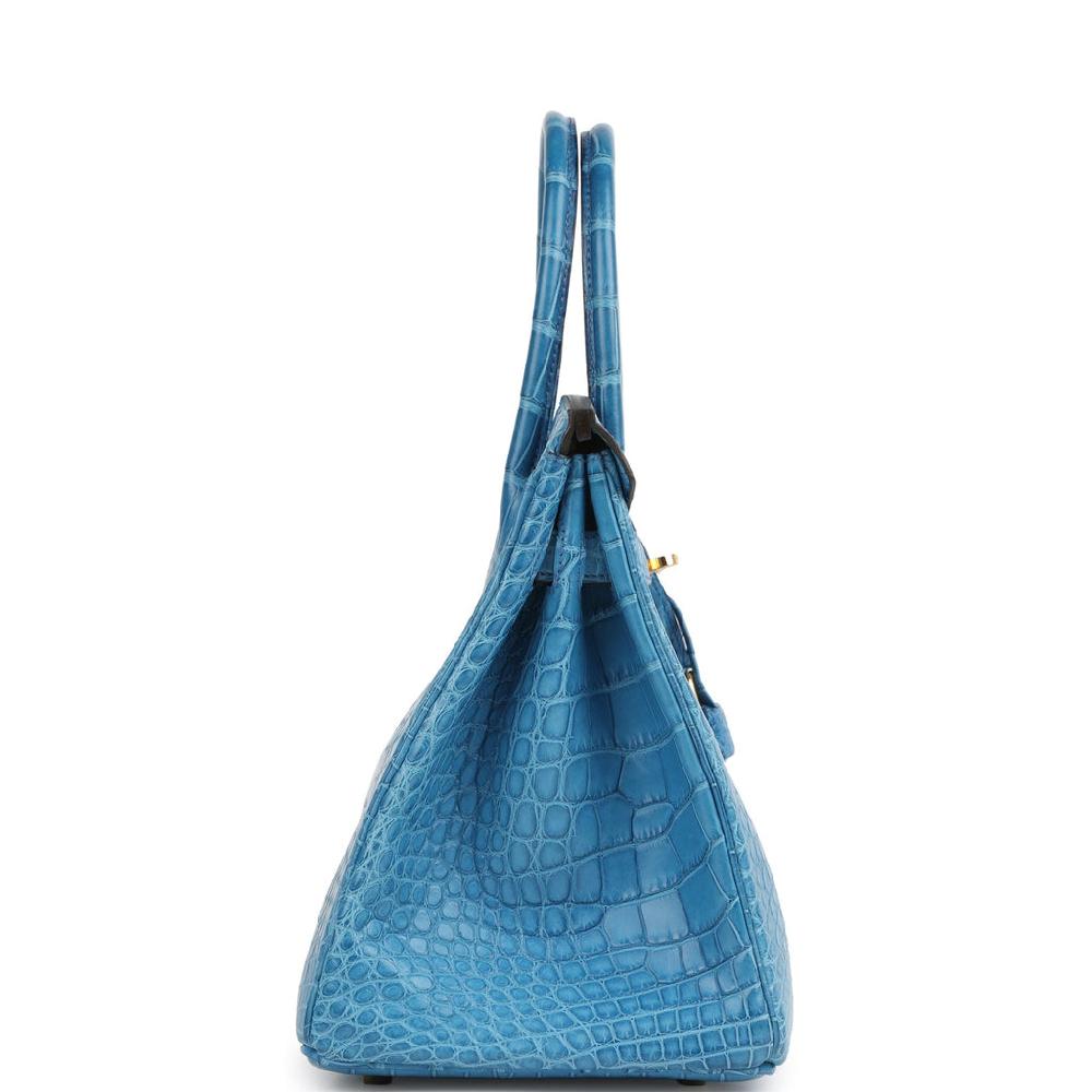 Pre-owned Hermes Birkin 30 Bleu Mykonos Matte Alligator Gold Hardware
