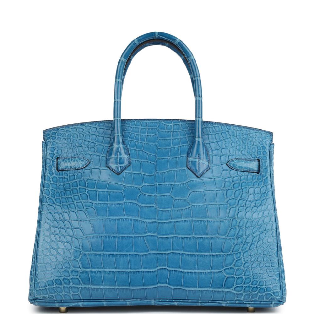 Pre-owned Hermes Birkin 30 Bleu Mykonos Matte Alligator Gold Hardware