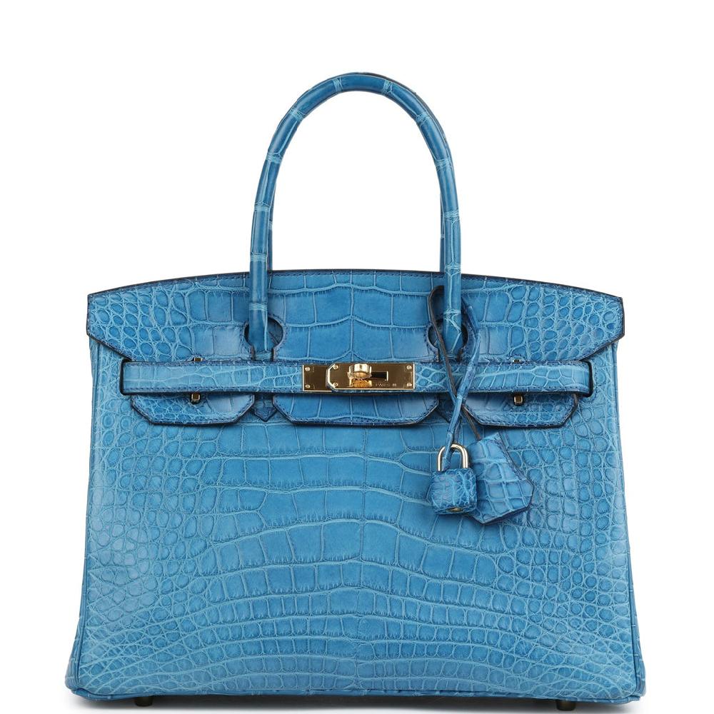 Pre-owned Hermes Birkin 30 Bleu Mykonos Matte Alligator Gold Hardware