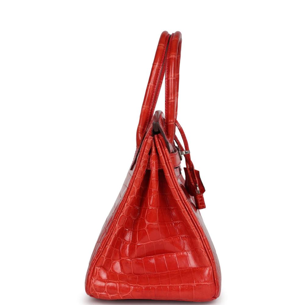 Pre-owned Hermes Birkin 30 Geranium Shiny Niloticus Crocodile Palladium Hardware