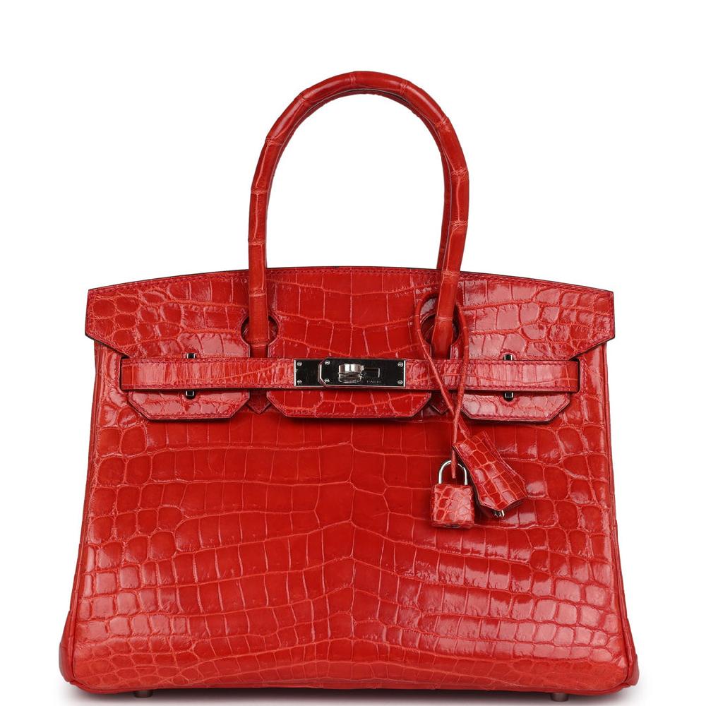Pre-owned Hermes Birkin 30 Geranium Shiny Niloticus Crocodile Palladium Hardware