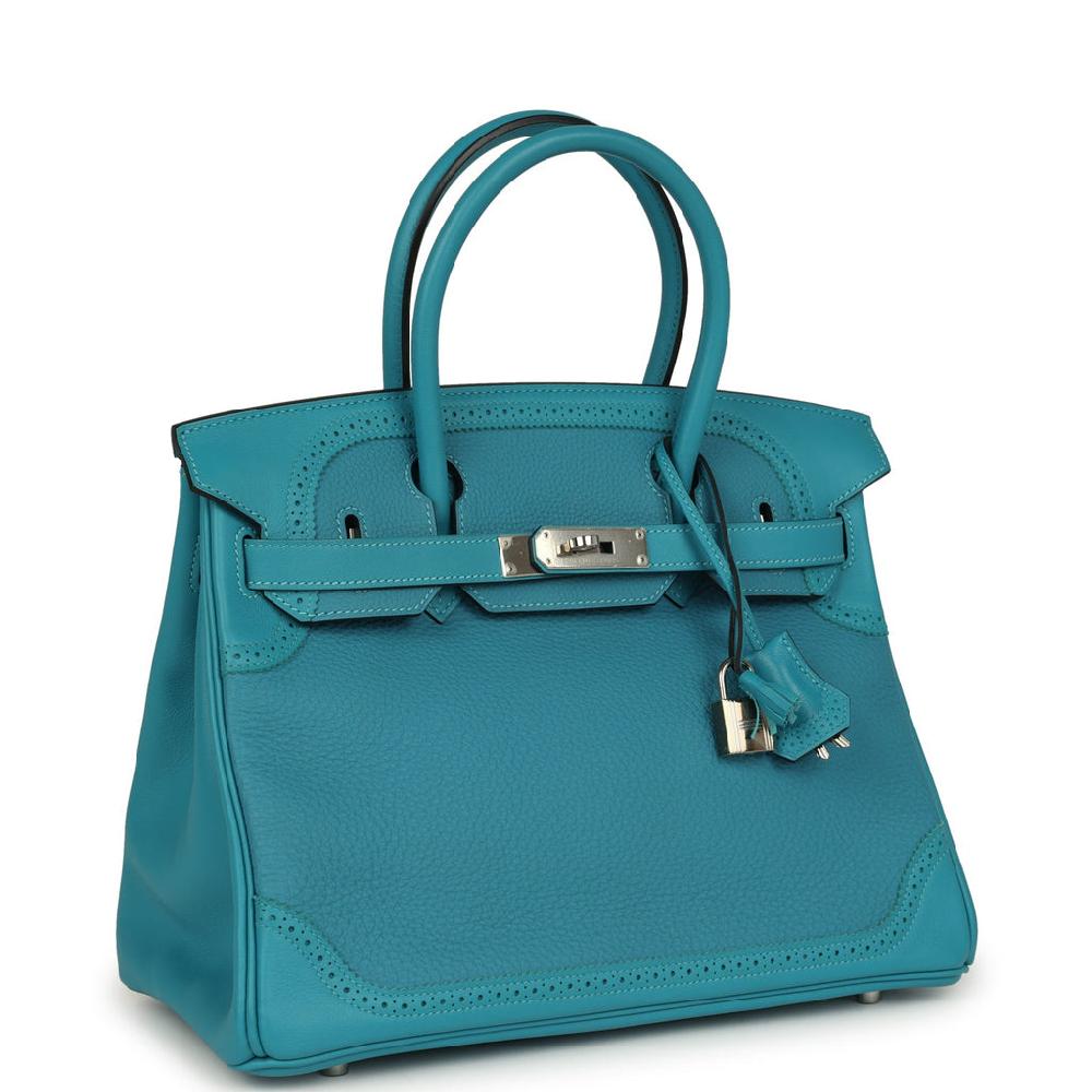 Pre-owned Hermes Birkin 30 Ghillies Turquoise Togo And Swift Palladium Hardware