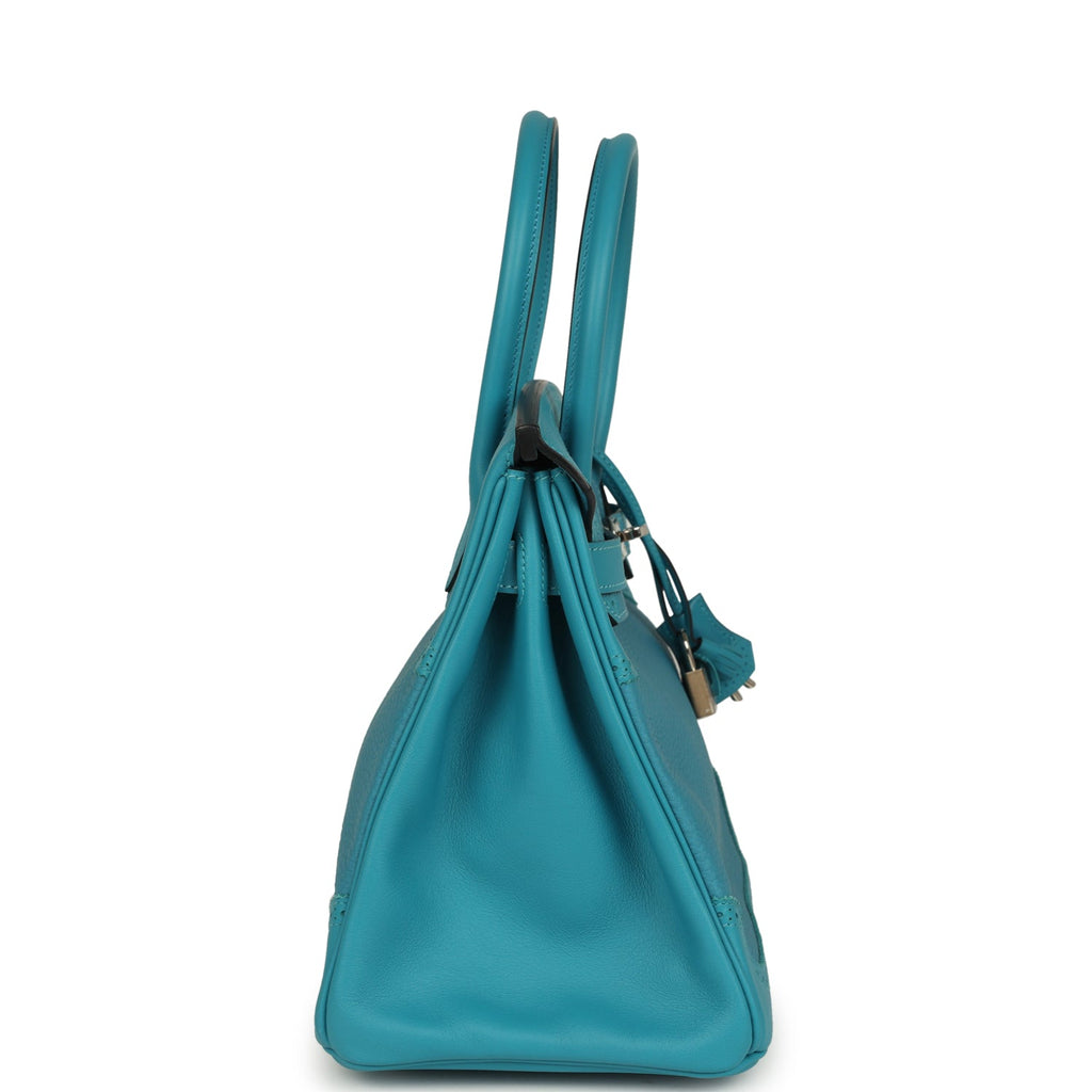 Pre-owned Hermes Birkin 30 Ghillies Turquoise Togo And Swift Palladium Hardware
