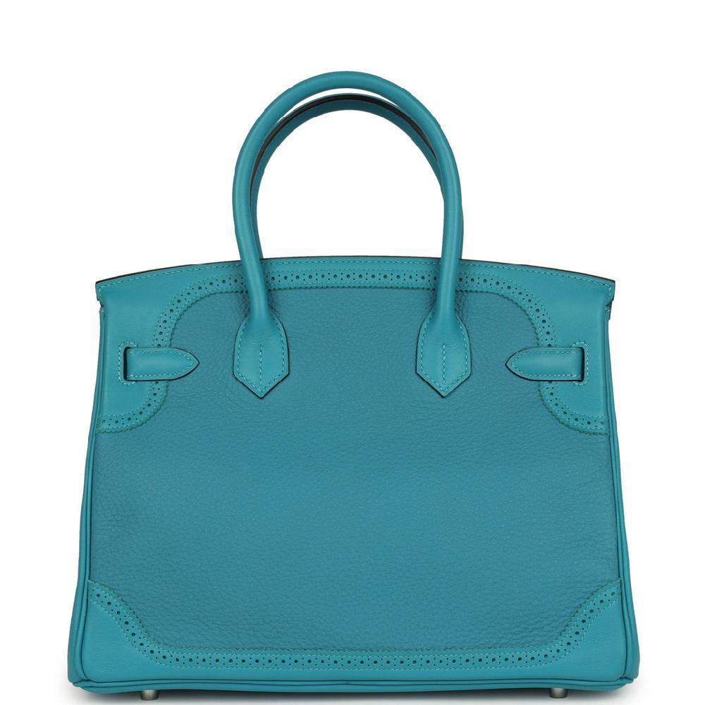 Pre-owned Hermes Birkin 30 Ghillies Turquoise Togo And Swift Palladium Hardware