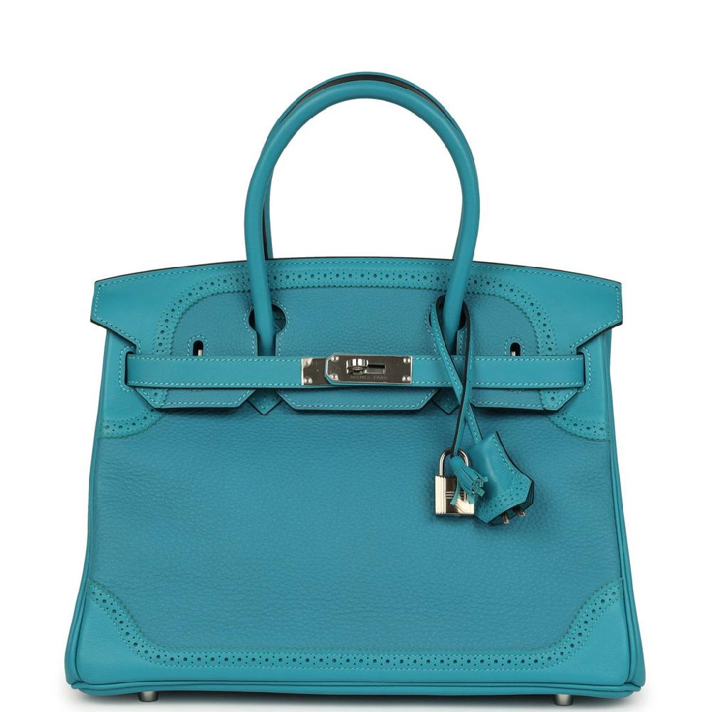 Pre-owned Hermes Birkin 30 Ghillies Turquoise Togo and Swift Palladium Hardware
